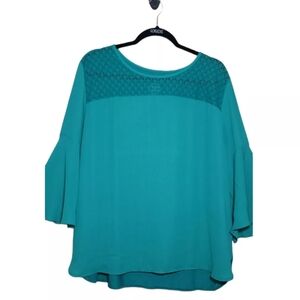 Van Heusen Women's XL Blouse Green Bell Sleeve Mesh Top Casual Work Clothes